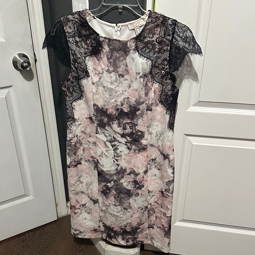Adrianna Papell Pink and Black Floral Lace Cap-Sleeve Shift Dress
